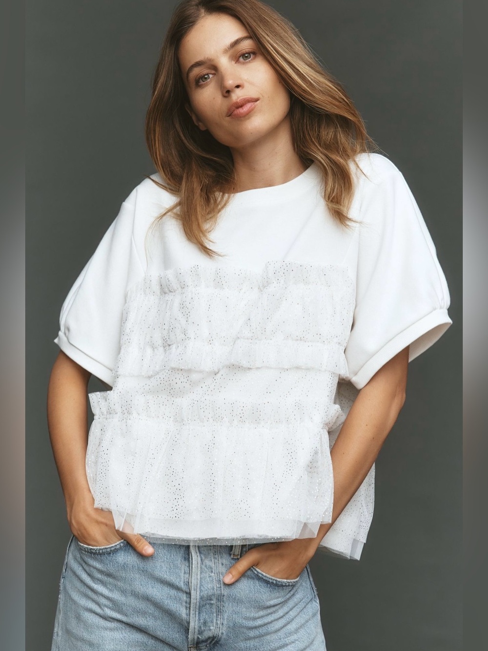Maeve Short-Sleeve Smocked Ruffled Sweatshirt